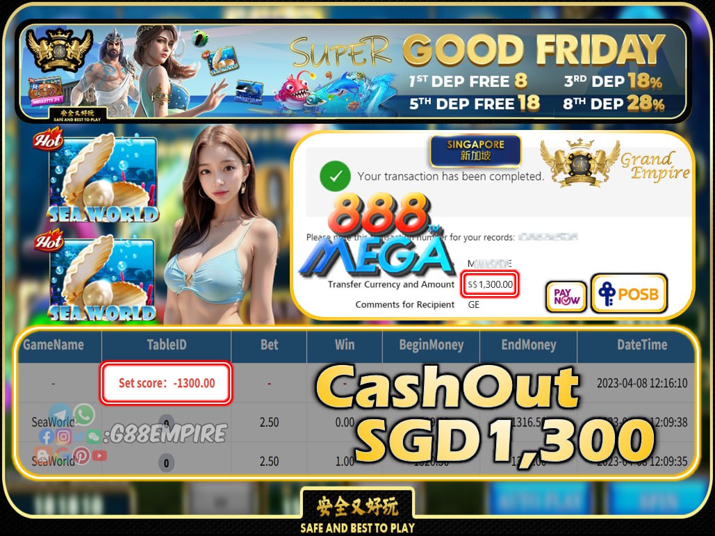 MEGA888 ~ SEAWORLD CASHOUT SGD1300 !!!