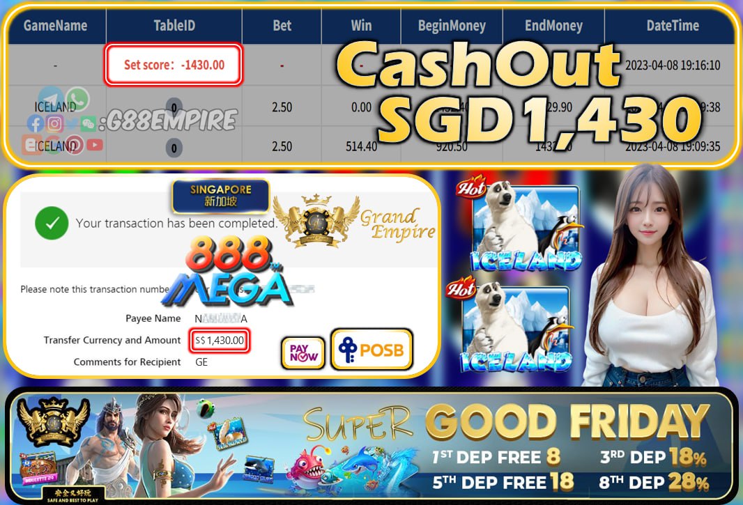 MEGA888 ~ ICELAND CASHOUT SGD1430!!!