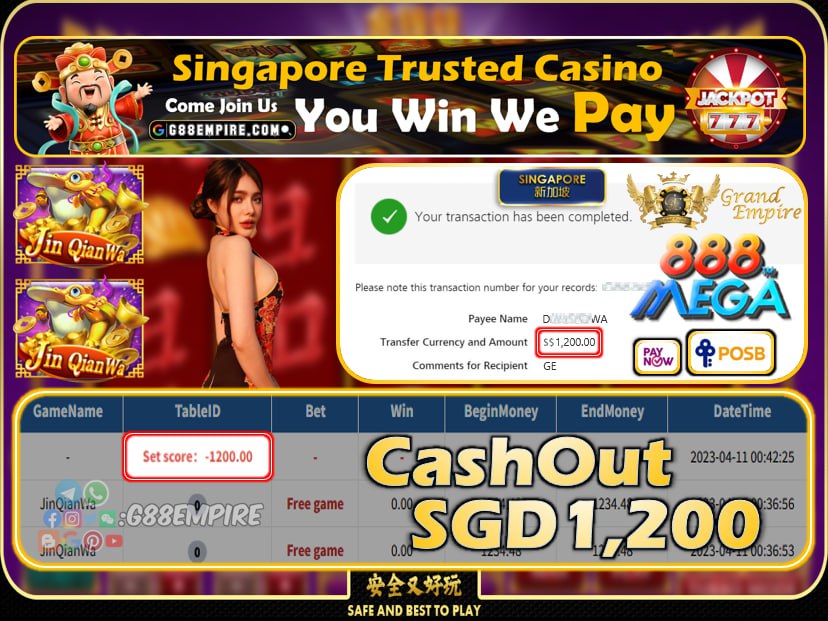 MEGA888 ~ JINQIANWA CASHOUT SGD1200!!!