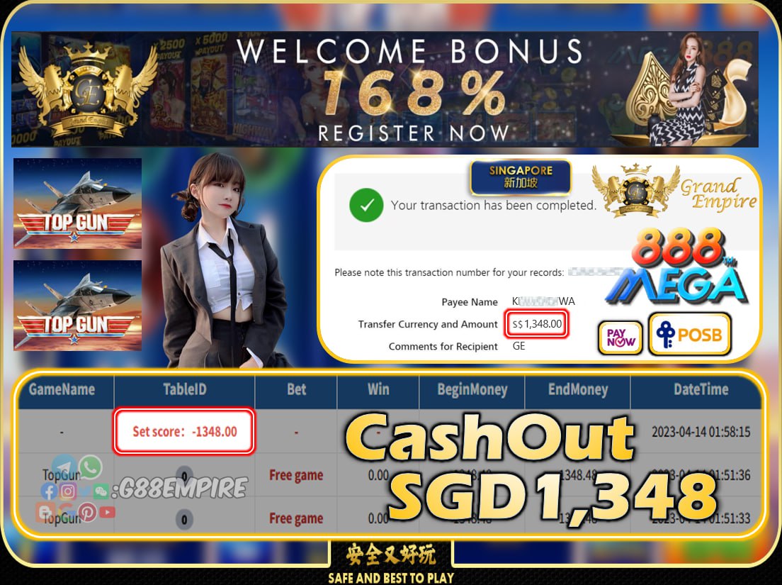 MEGA888 ~ TOPGUN CASHOUT SGD1348!!!