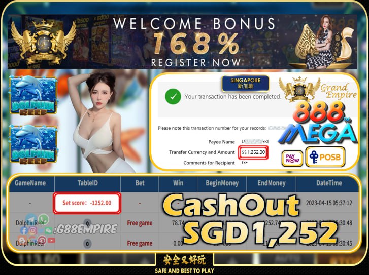 MEGA888 ~ DOLPHINREEF CASHOUT SGD1252!!!