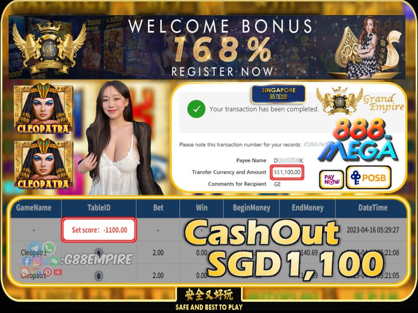 MEGA888 ~ CLEOPATRA CASHOUT SGD1100!!!