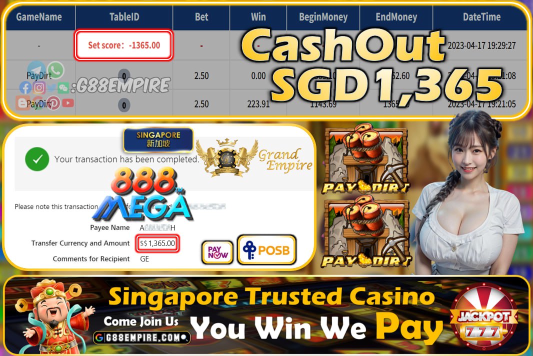 MEGA888 ~ PAYDIRT CASHOUT SGD1365!!!