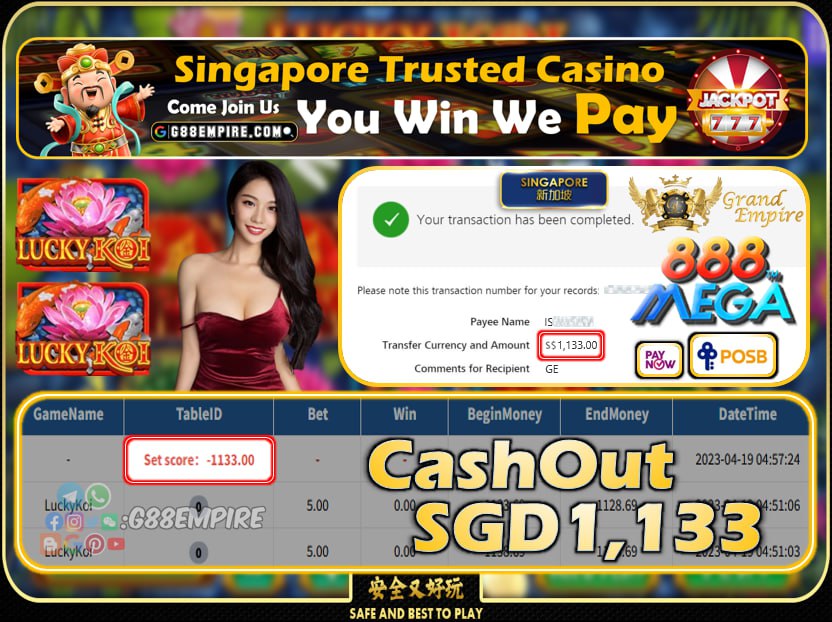 MEGA888 ~ LUCKYKOI CASHOUT SGD1133!!!