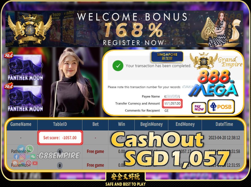 MEGA888 ~ PATHERMOON CASHOUT SGD1057!!!