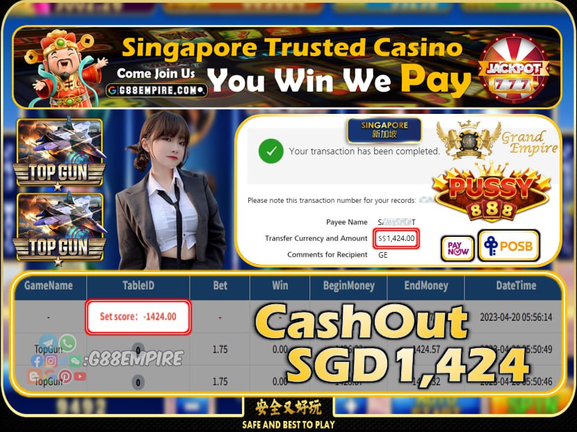 PUSSY888 ~ TOPGUN CASHOUT SGD1424!!!