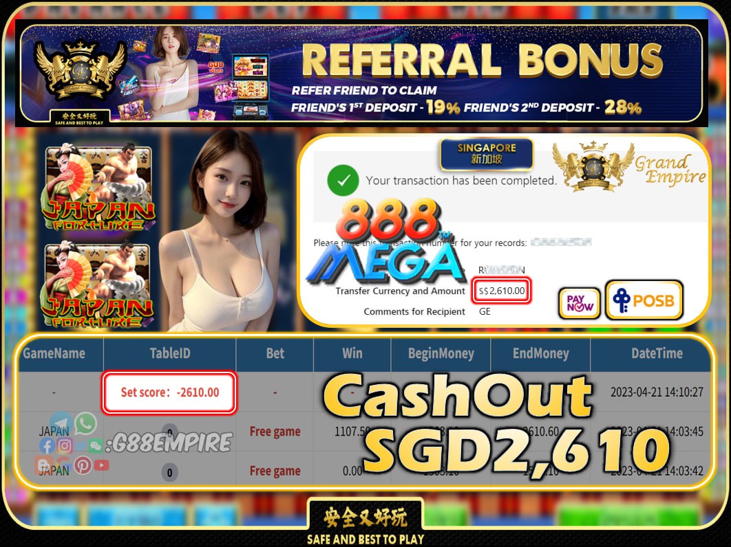 MEGA888 ~ JAPAN CASHOUT SGD2610 !!!