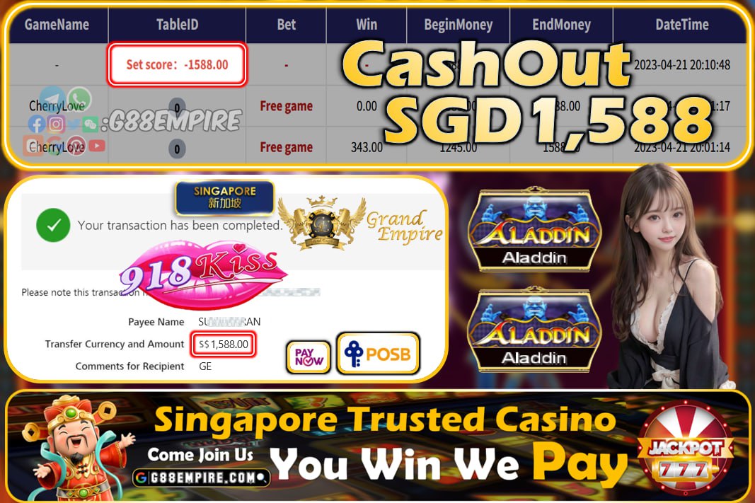 918KISS ~ ALADDIN CASHOUT SGD1588!!!