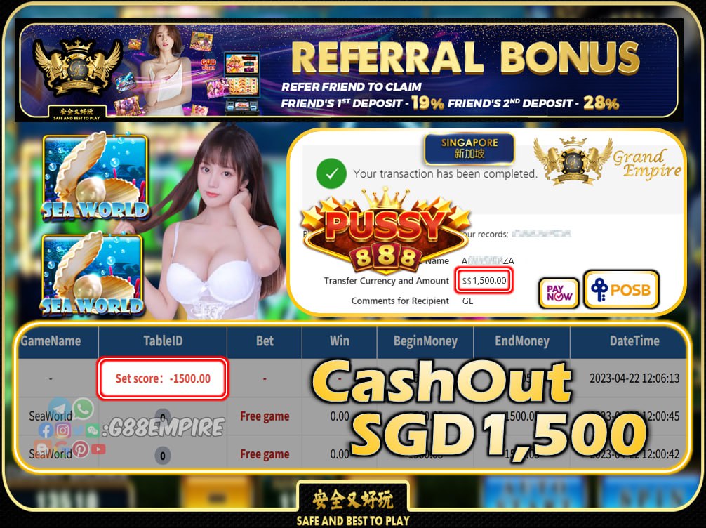 PUSSY888 ~ SEAWORLD CASHOUT SGD1500 !!!