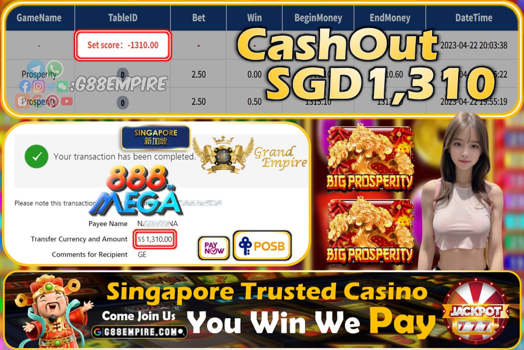 MEGA888 ~ PROSPERITY CASHOUT SGD1310!!!