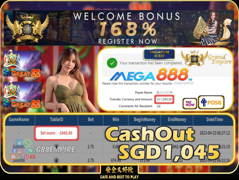 MEGA888 ~ GREAT88 CASHOUT SGD1045!!!