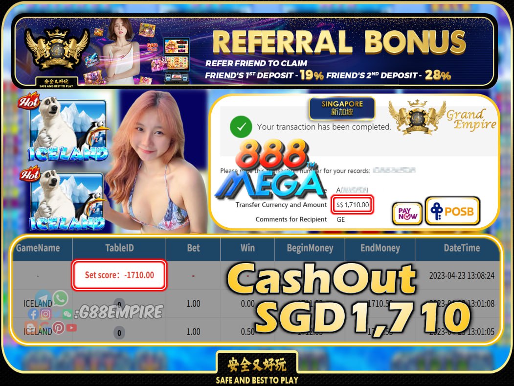 MEGA888 ~ ICELAND CASHOUT SGD1710 !!!