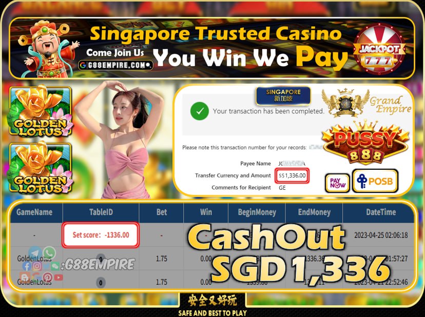 PUSSY888~ GOLDENLOTUS CASHOUT SGD1336!!!