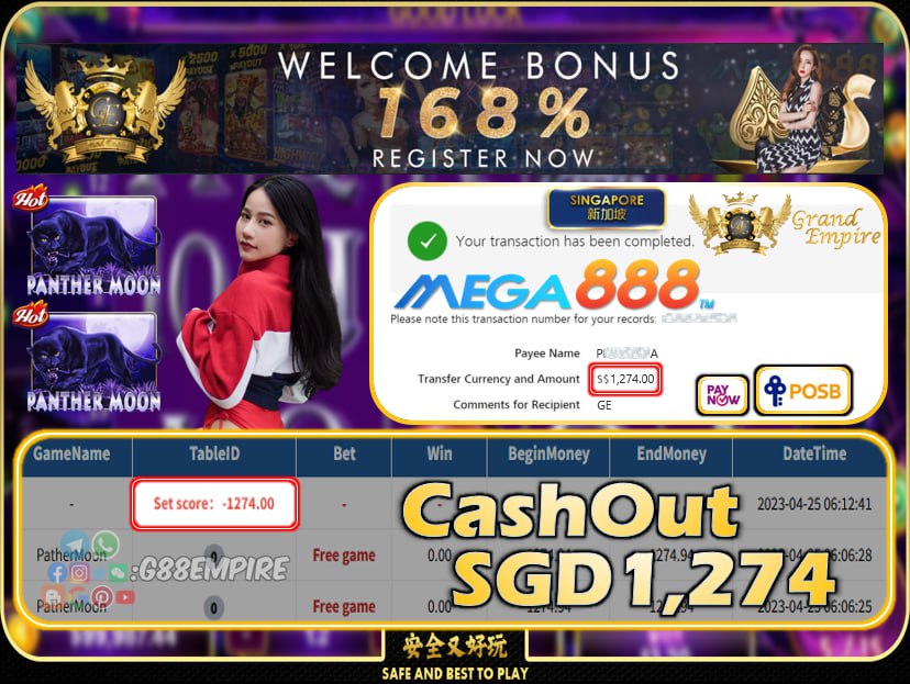 MEGA888~ PATHERMOON CASHOUT SGD1274!!!