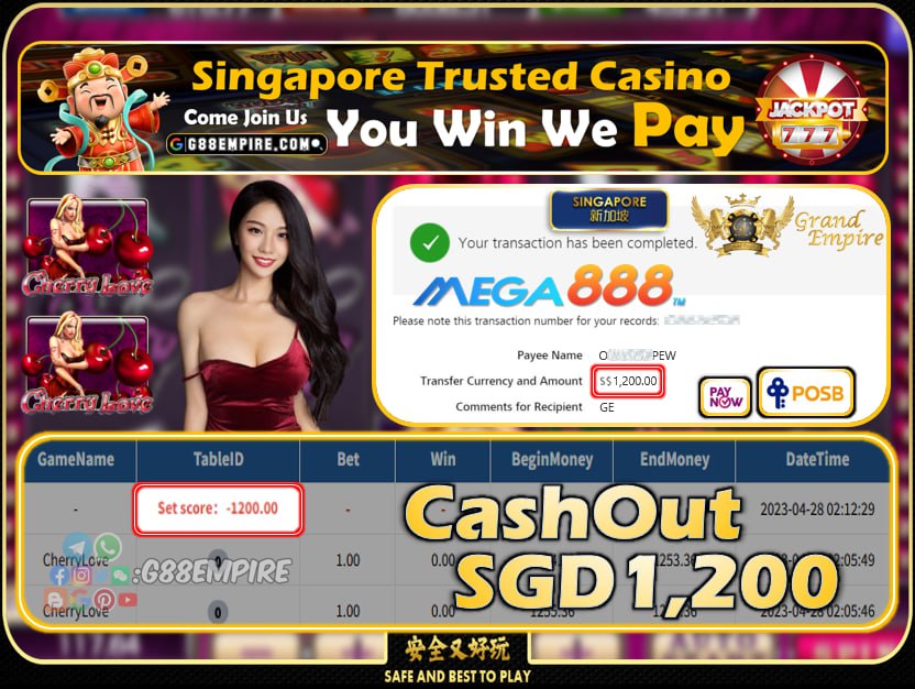 MEGA888 ~ CHERRYLOVE CASHOUT SGD1200!!!