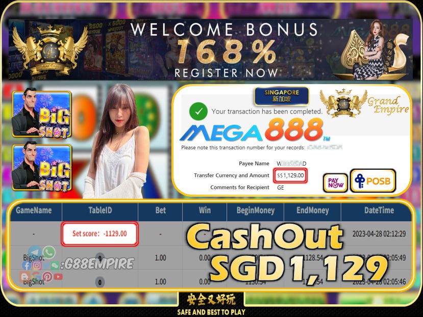 MEGA888 ~ BIGSHOT CASHOUT SGD1129!!!