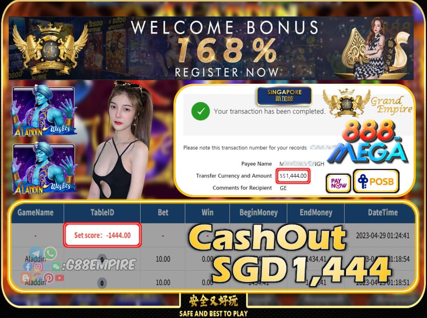 MEGA888 ~ ALADDIN CASHOUT SGD1444!!!