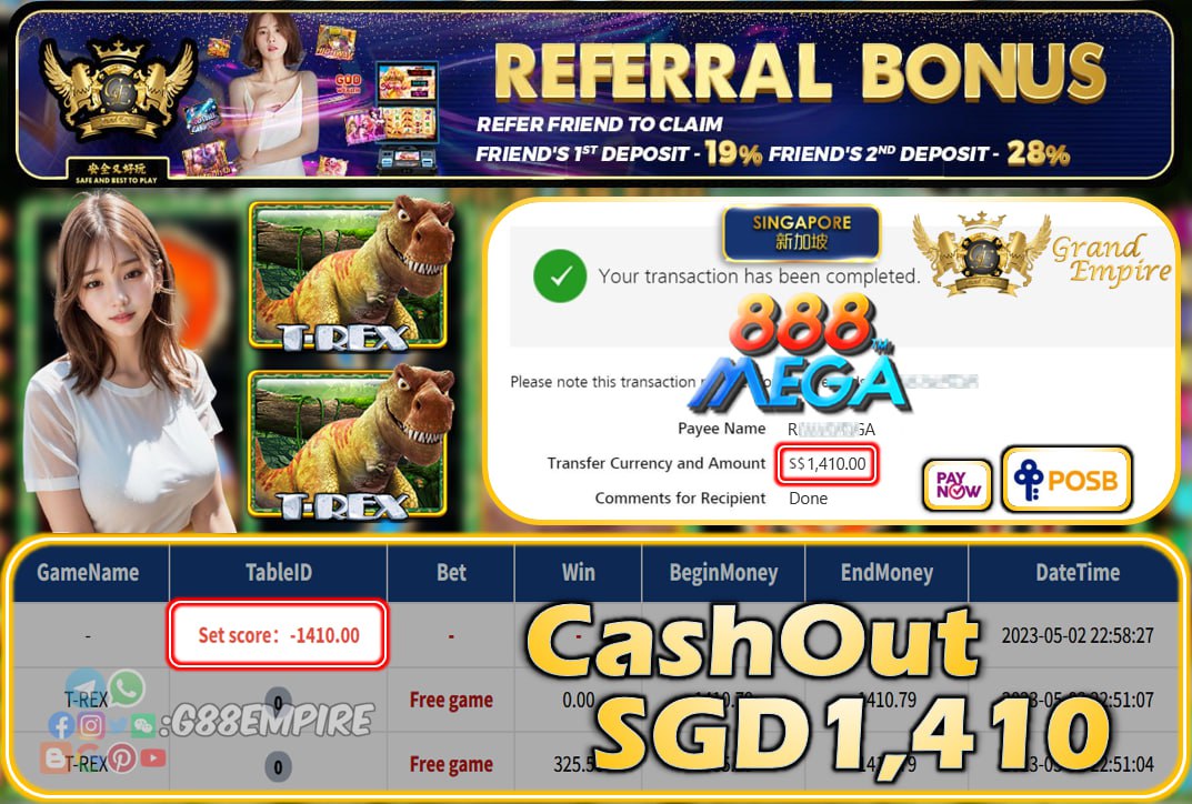 MEGA888 ~ T-REX CASHOUT SGD1410!!!