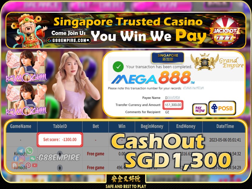 MEGA888 ~ KIMOCHI CASHOUT SGD1300 !!!