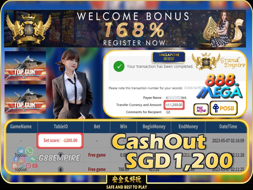 MEGA888 ~ TOPGUN CASHOUT SGD1200!!!