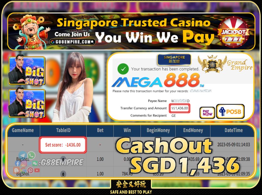 MEGA888 ~ BIGSHOT CASHOUT SGD1436!!!