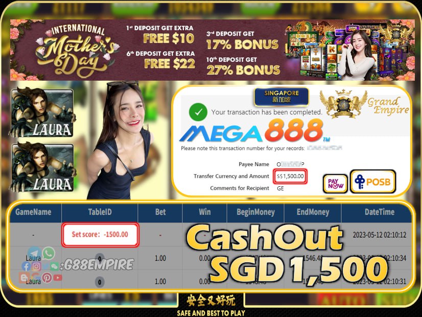 MEGA888 ~ LAURA CASHOUT SGD1500!!!