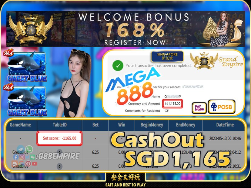 MEGA888 ~ GREATBLUE CASHOUT SGD1165!!!