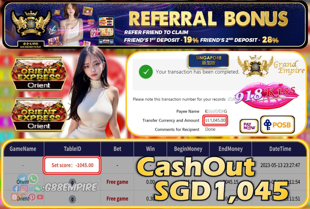 918KISS ~ ORIENT CASHOUT SGD1045!!!