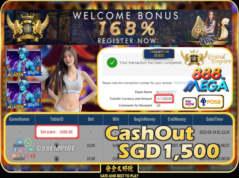 MEGA888 ~ ALADDIN CASHOUT SGD1500!!!