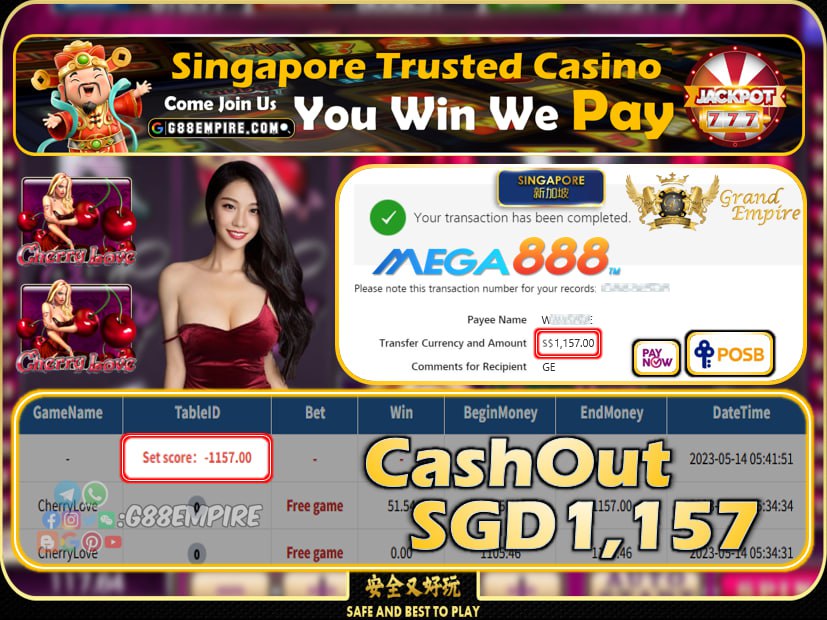 MEGA888 ~ CHERRYLOVE CASHOUT SGD1157!!!