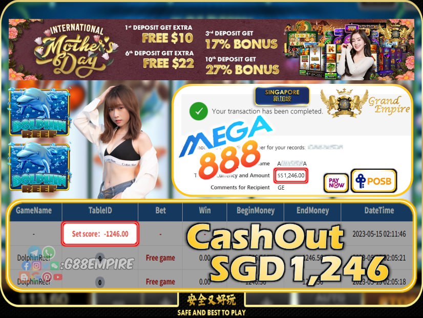 MEGA888 ~ DOLPHINREEF CASHOUT SGD1246 !!!