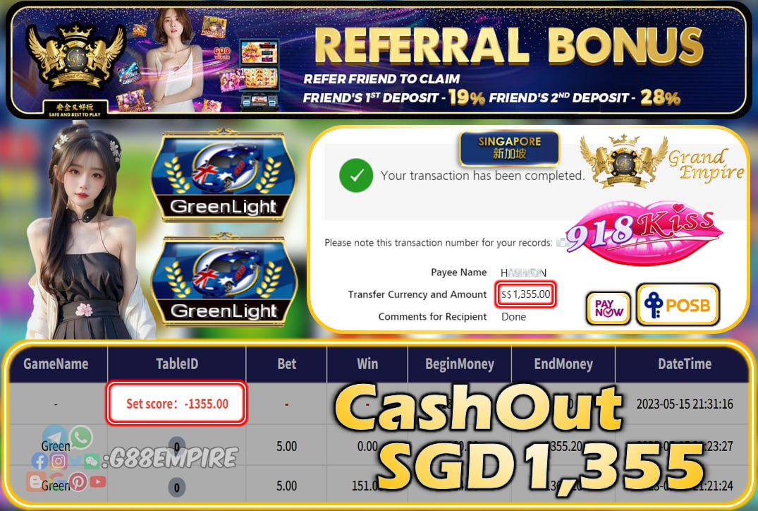 918KISS ~ GREENLIGHT CASHOUT SGD1355!!!