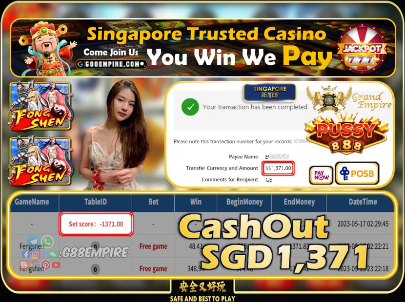 PUSSY888 ~ FENGSHEN CASHOUT SGD1371!!!