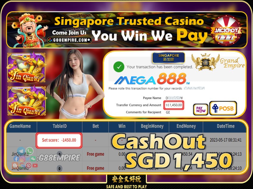 MEGA888 ~ JINQIANWA CASHOUT SGD1450!!!