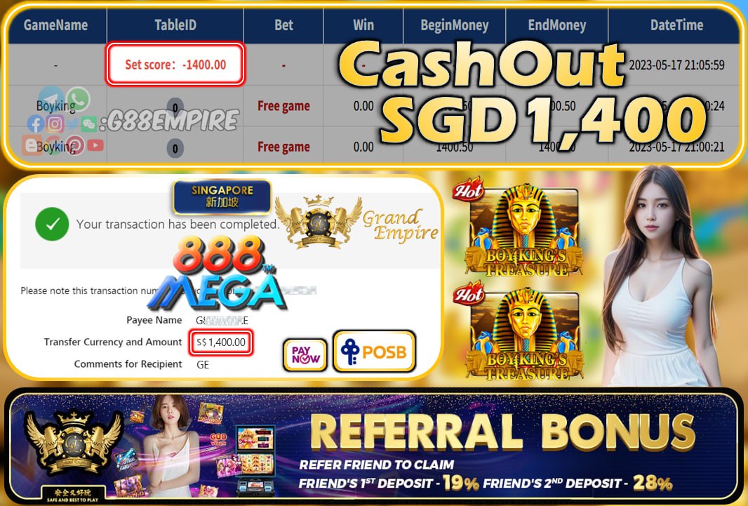 MEGA888 ~ BOYKING CASHOUT SGD1400!!!