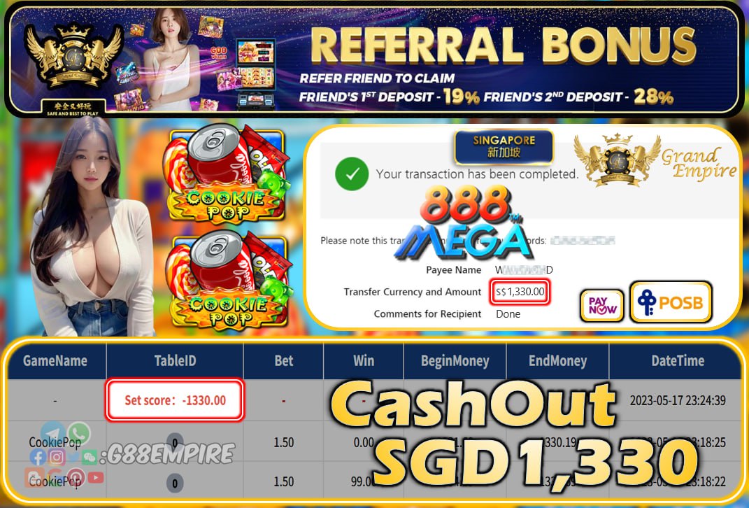 MEGA888 ~ COOKIEPOP CASHOUT SGD1330!!!