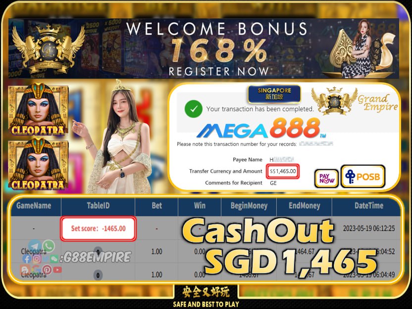 MEGA888 ~ CLEOPATRA CASHOUT SGD1465!!!