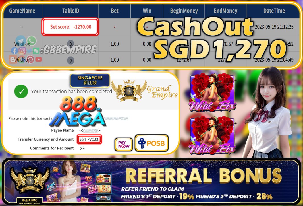 MEGA888 ~ WILDFOX CASHOUT SGD1270!!!