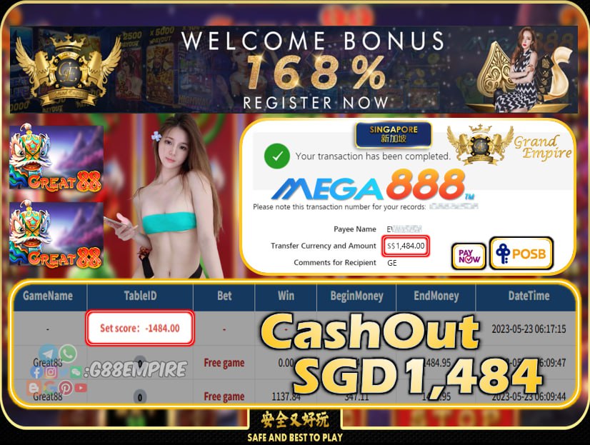 MEGA888 ~ GREAT88 CASHOUT SGD1484!!!