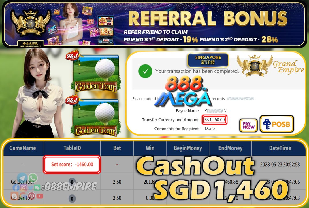 MEGA888 ~ GOLDENTOUR CASHOUT SGD1460!!!