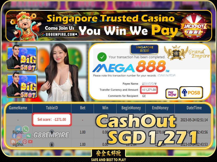 MEGA888 ~ BIGSHOT CASHOUT SGD1271!!!