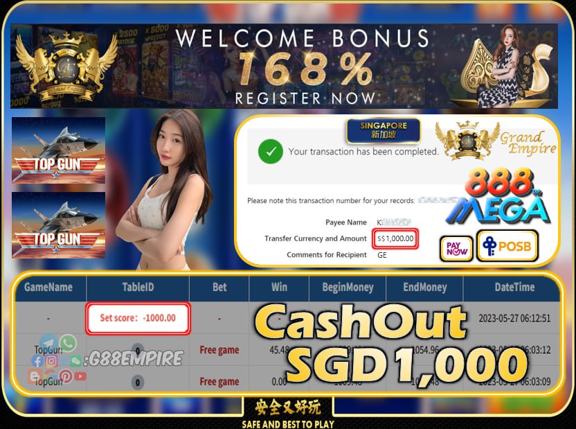 MEGA888 ~ TOPGUN CASHOUT SGD1000!!!