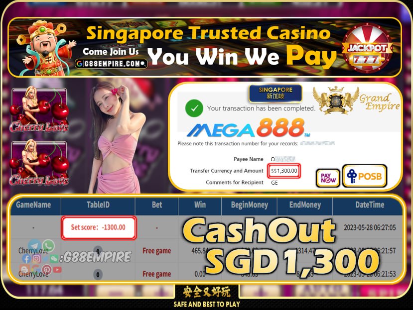 MEGA888 ~ CHERRYLOVE CASHOUT SGD1300 !!!