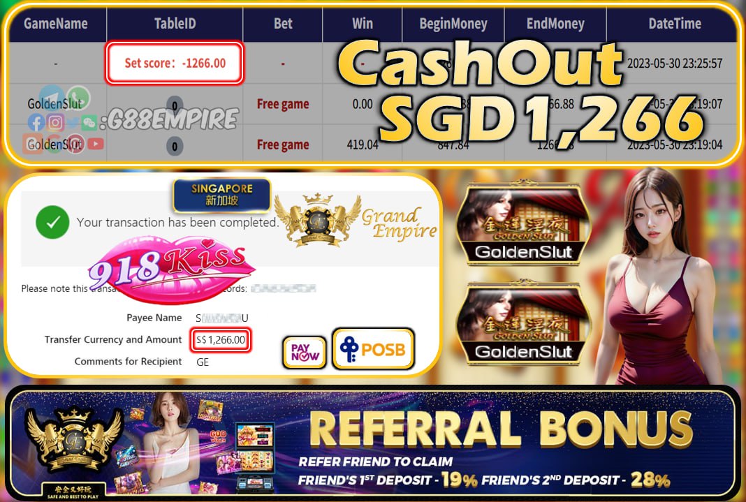 918KISS ~ GOLDENSLUT CASHOUT SGD1266!!!