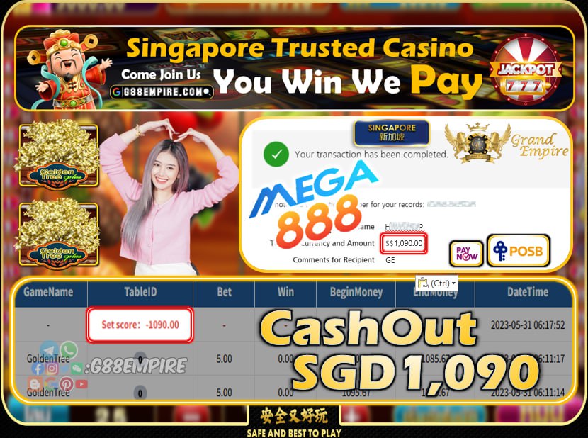 MEGA888 ~ GOLDENTREE CASHOUT SGD1090!!!