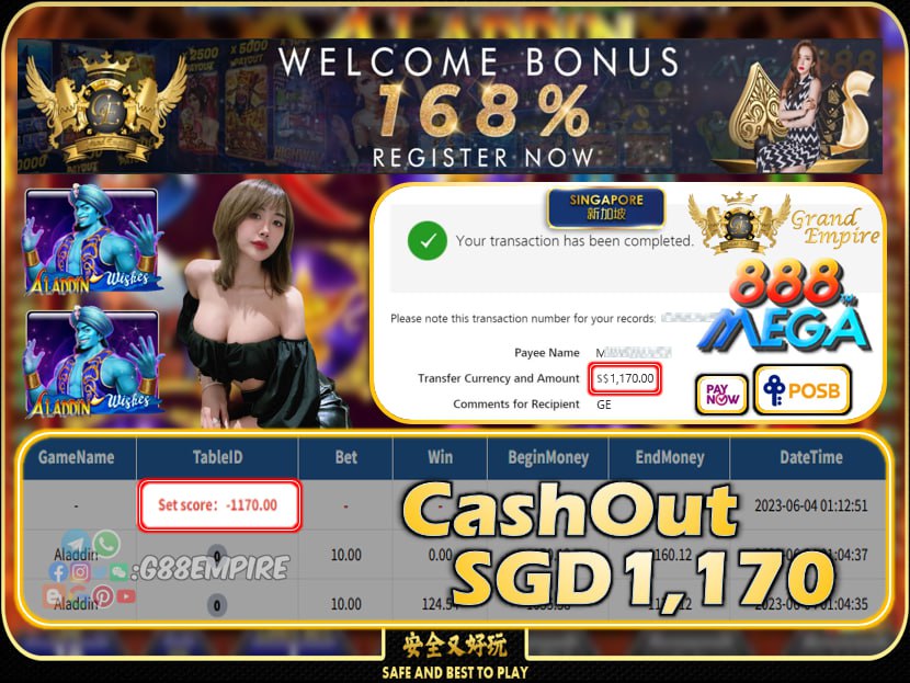 MEGA888 ~ ALADDIN CASHOUT SGD1170 !!!