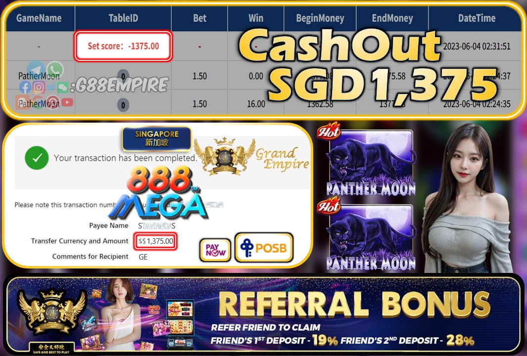 MEGA888 ~ PATHERMOON CASHOUT SGD1375!!!