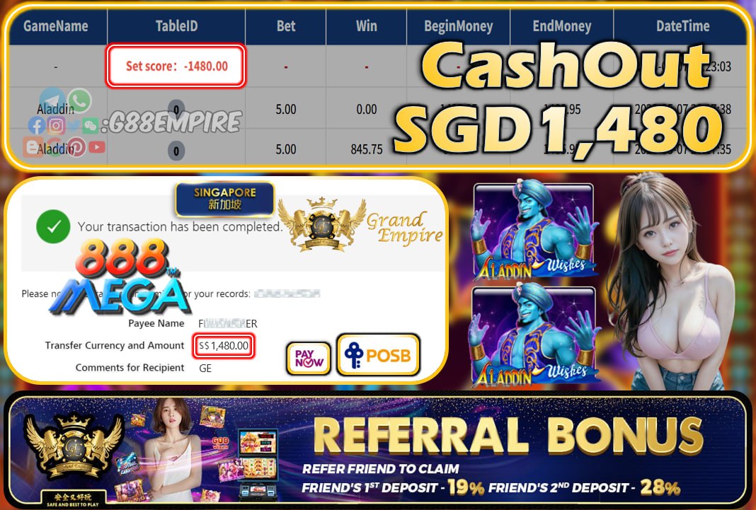 MEGA888 ~ ALADDIN CASHOUT SGD1480!!!