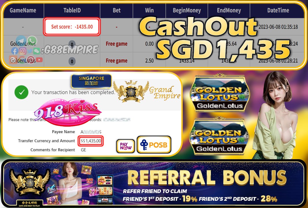 918KISS ~ GOLDENLOTUS CASHOUT SGD1435!!!