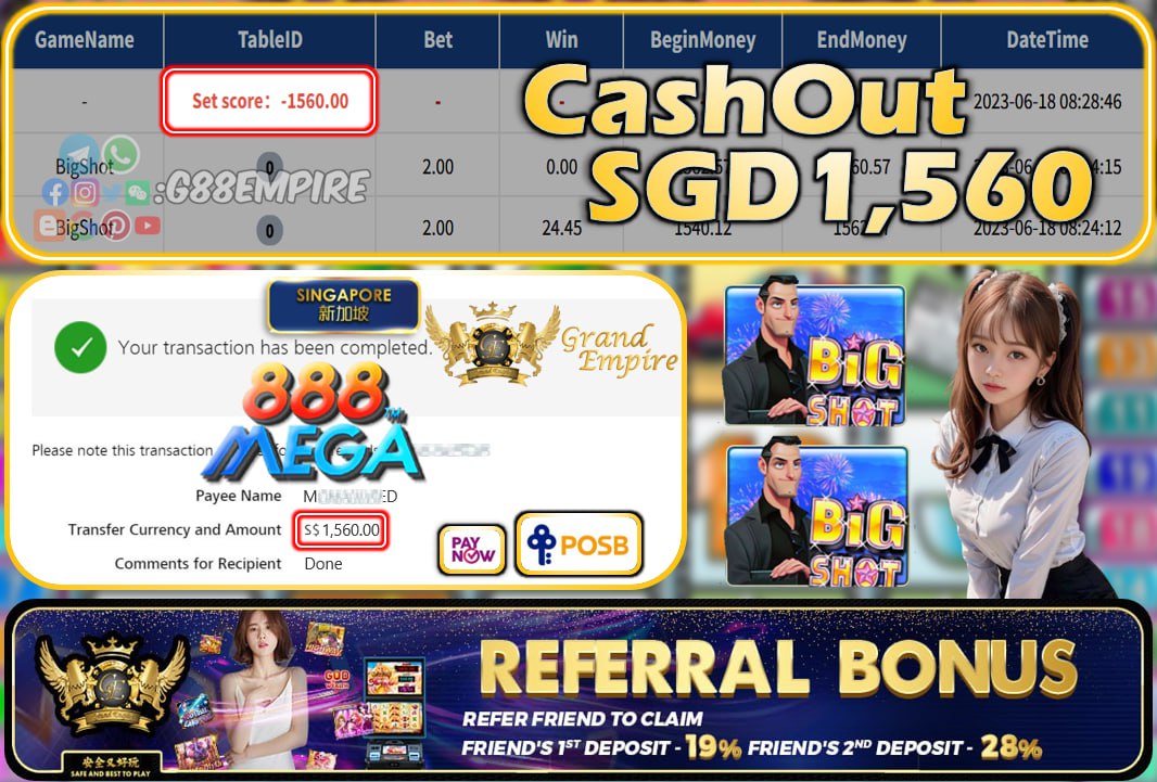 MEGA888 ~ BIGSHOT CASHOUT SGD1560!!!